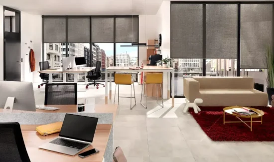 Modernes Büro mit grauen Innenrollos