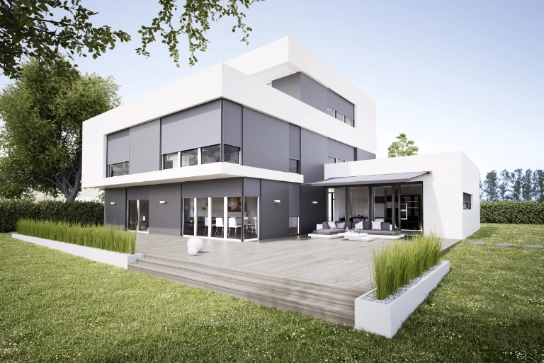 Elegantes modernes Haus mit Garten und Terrasse Modernes zweistöckiges Haus mit Sonnenschutz vor den Fenstern